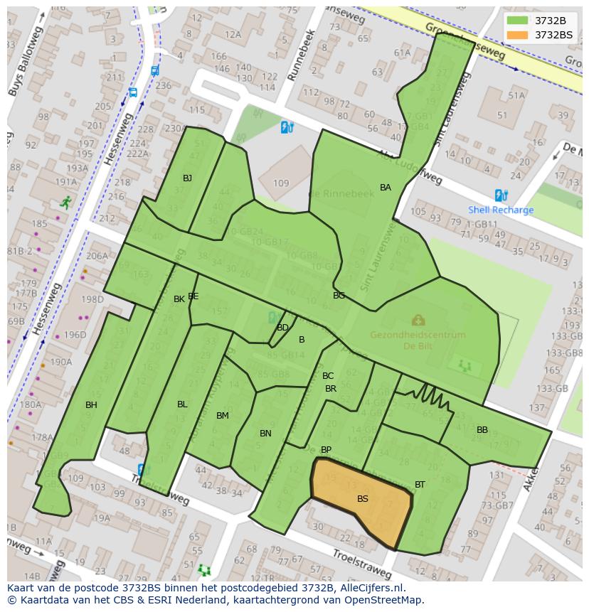 Afbeelding van het postcodegebied 3732 BS op de kaart.