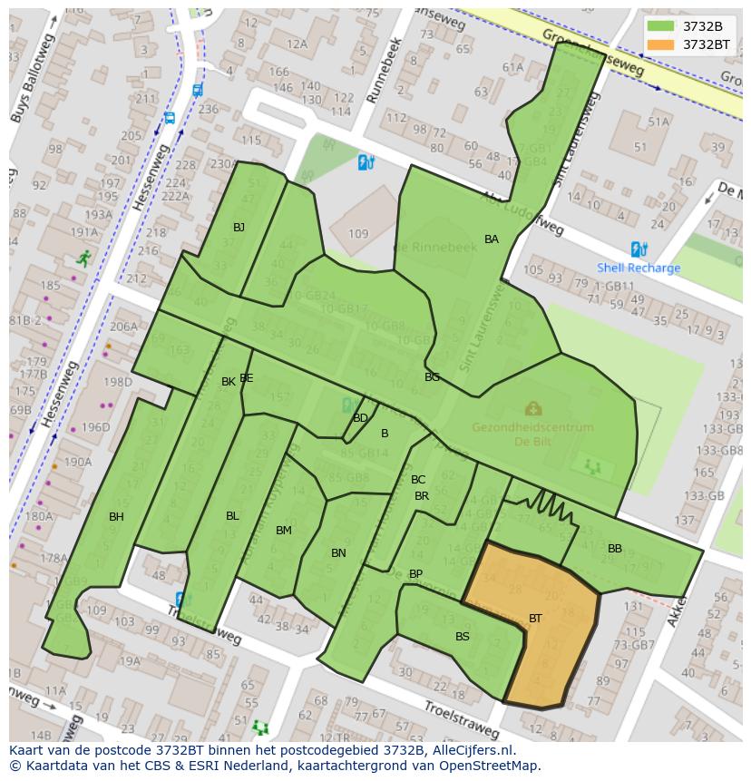 Afbeelding van het postcodegebied 3732 BT op de kaart.