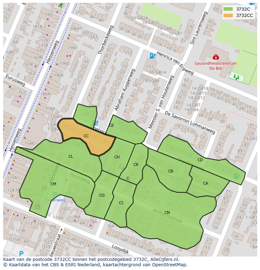 Afbeelding van het postcodegebied 3732 CC op de kaart.