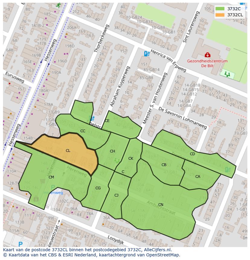 Afbeelding van het postcodegebied 3732 CL op de kaart.
