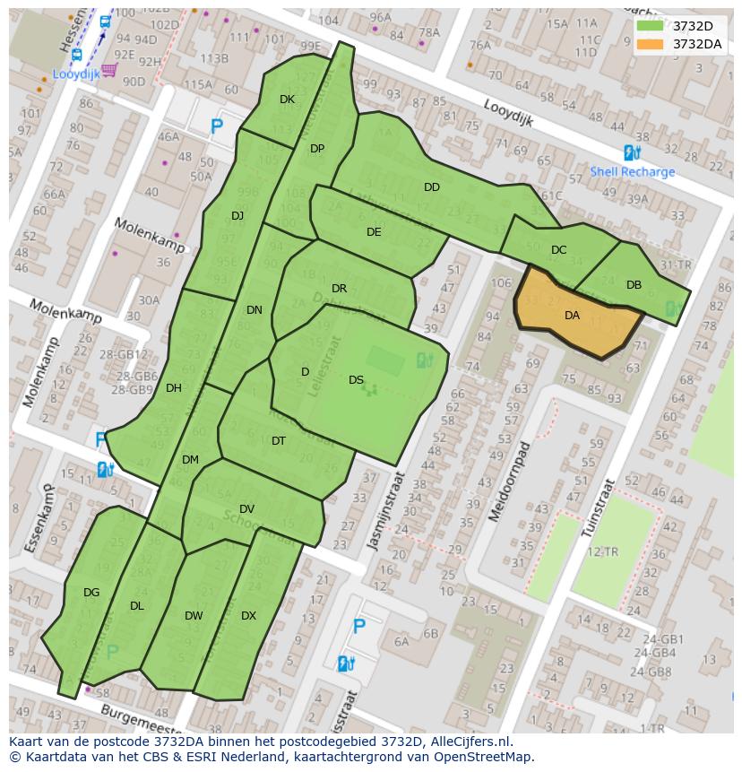 Afbeelding van het postcodegebied 3732 DA op de kaart.