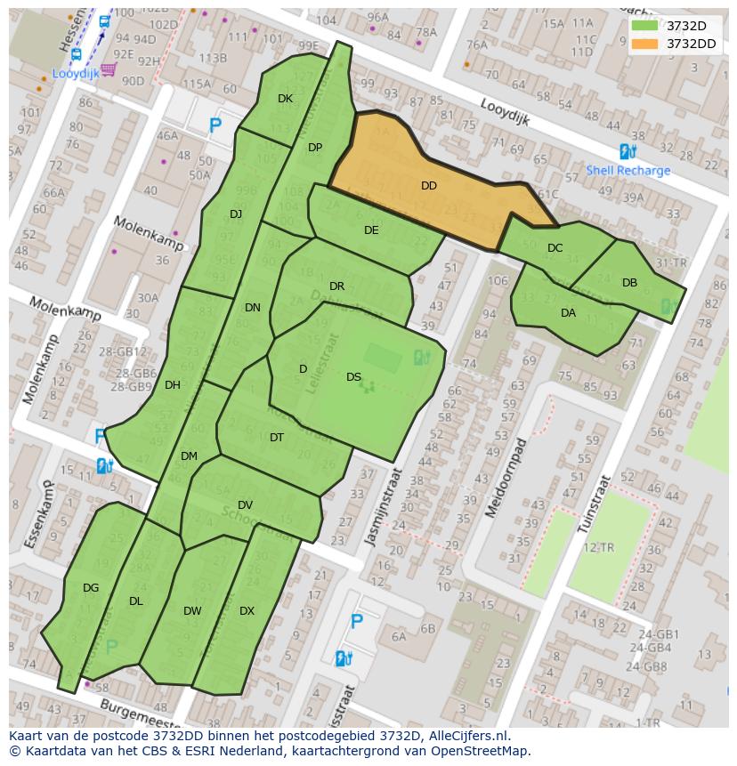 Afbeelding van het postcodegebied 3732 DD op de kaart.