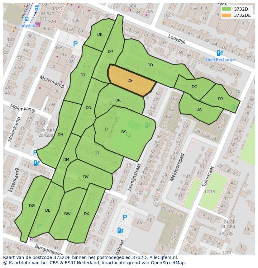 Afbeelding van het postcodegebied 3732 DE op de kaart.
