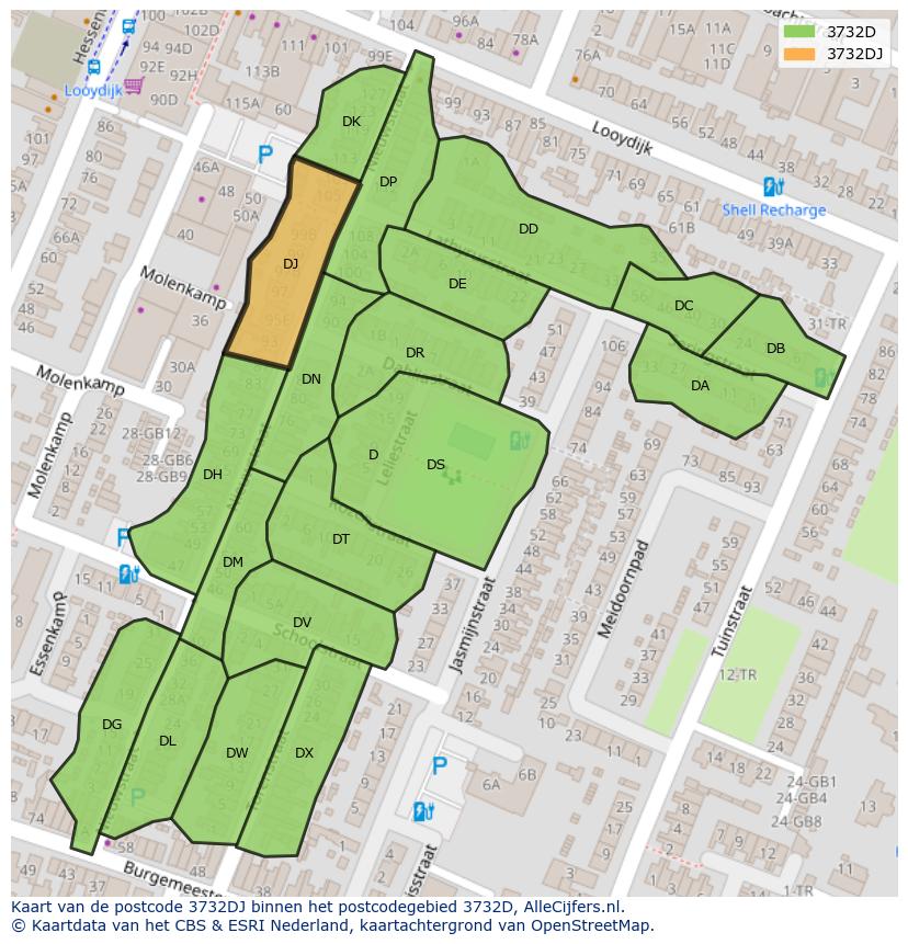 Afbeelding van het postcodegebied 3732 DJ op de kaart.