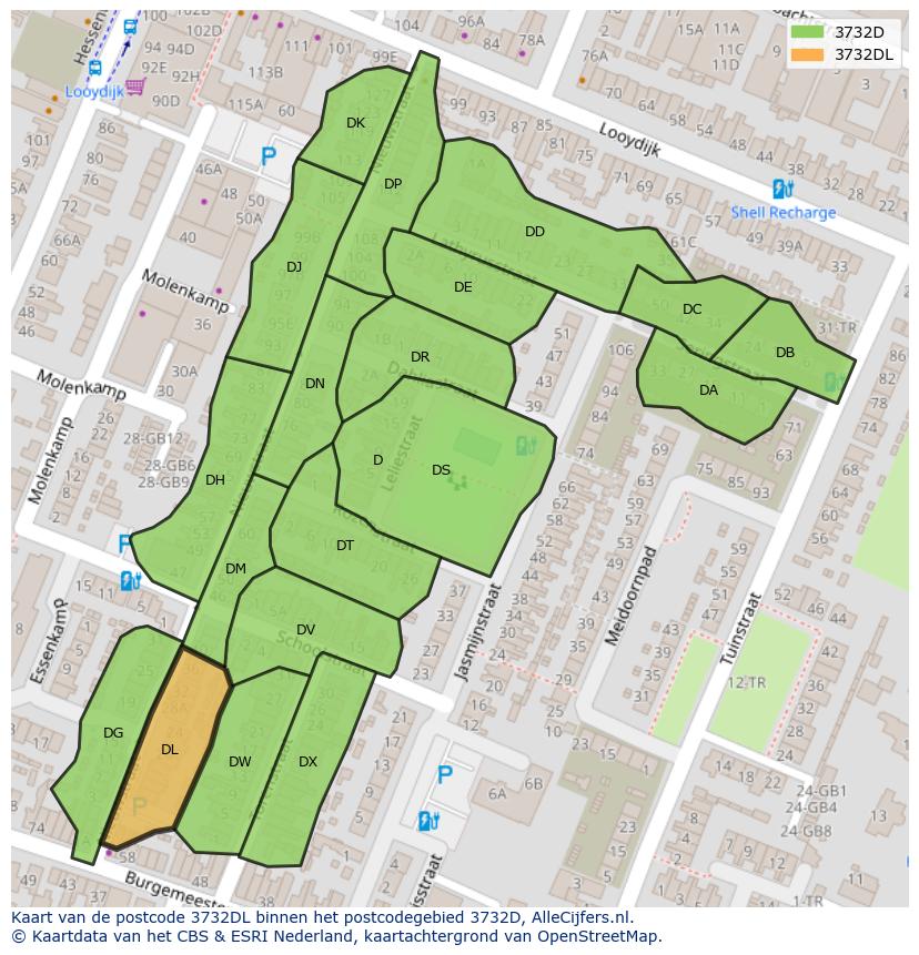 Afbeelding van het postcodegebied 3732 DL op de kaart.