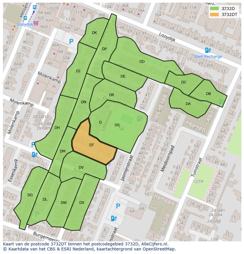 Afbeelding van het postcodegebied 3732 DT op de kaart.