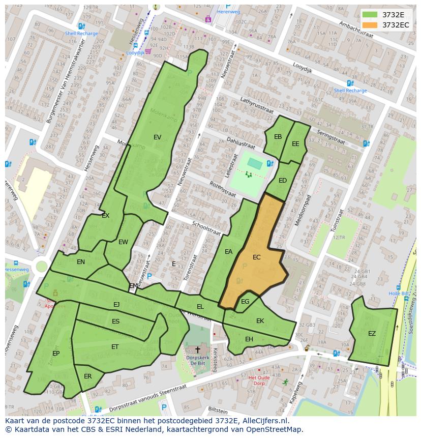 Afbeelding van het postcodegebied 3732 EC op de kaart.