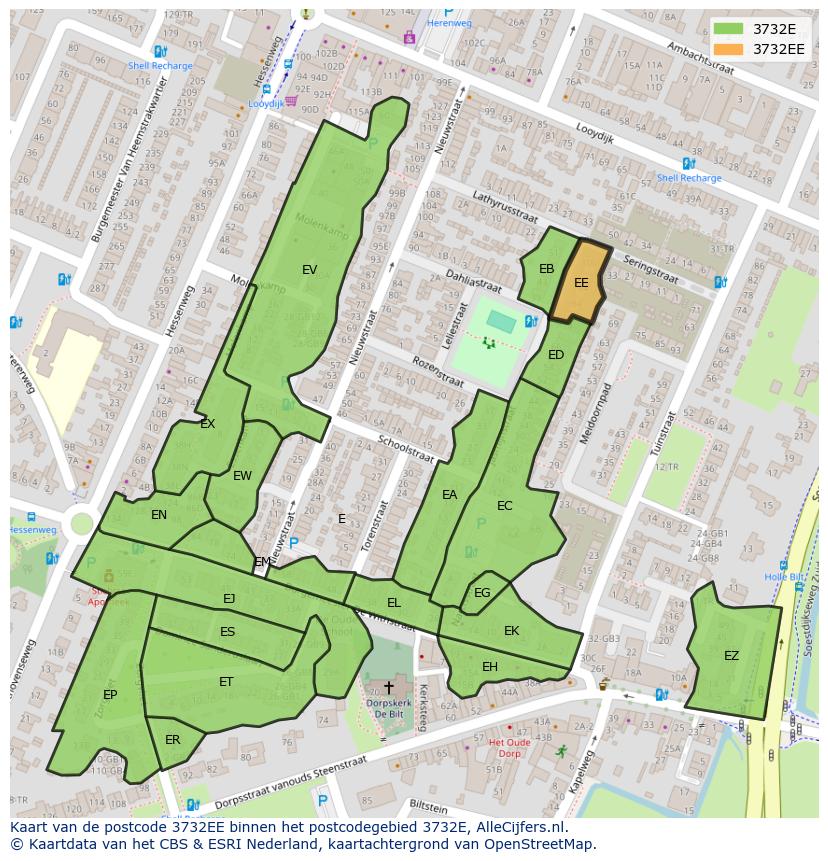 Afbeelding van het postcodegebied 3732 EE op de kaart.