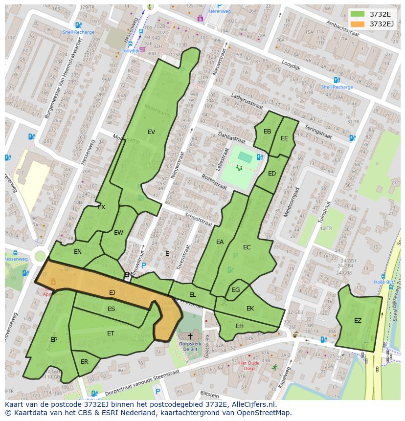 Afbeelding van het postcodegebied 3732 EJ op de kaart.