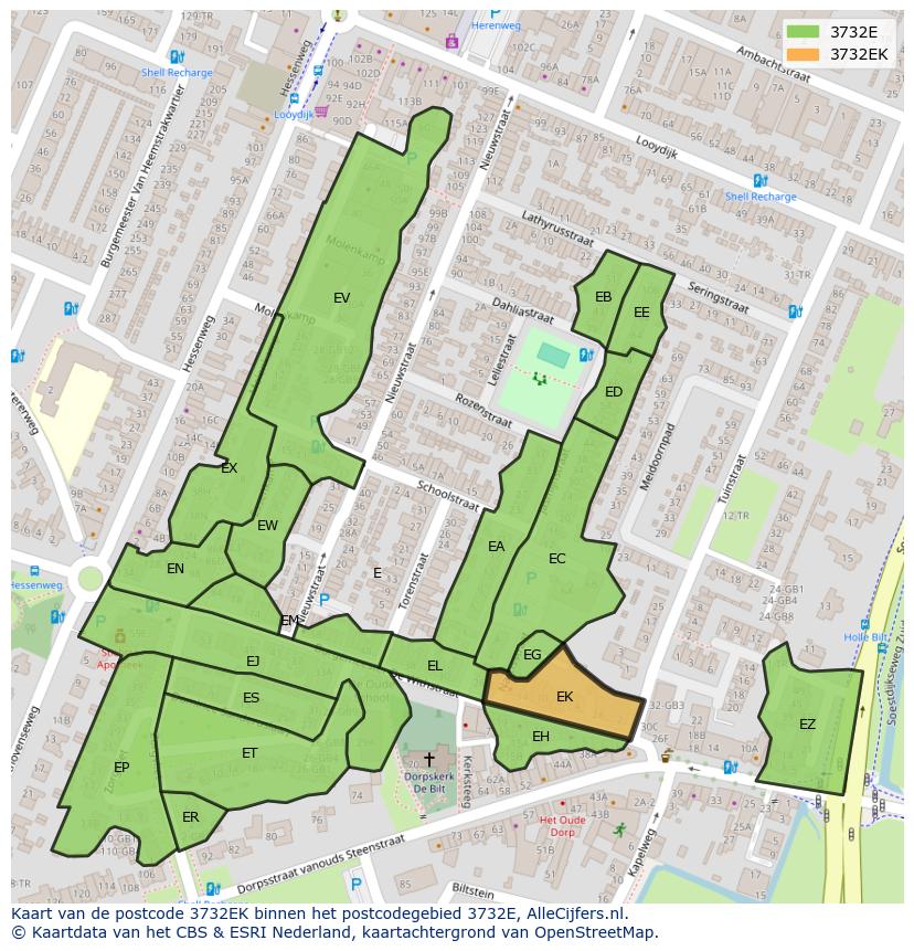 Afbeelding van het postcodegebied 3732 EK op de kaart.
