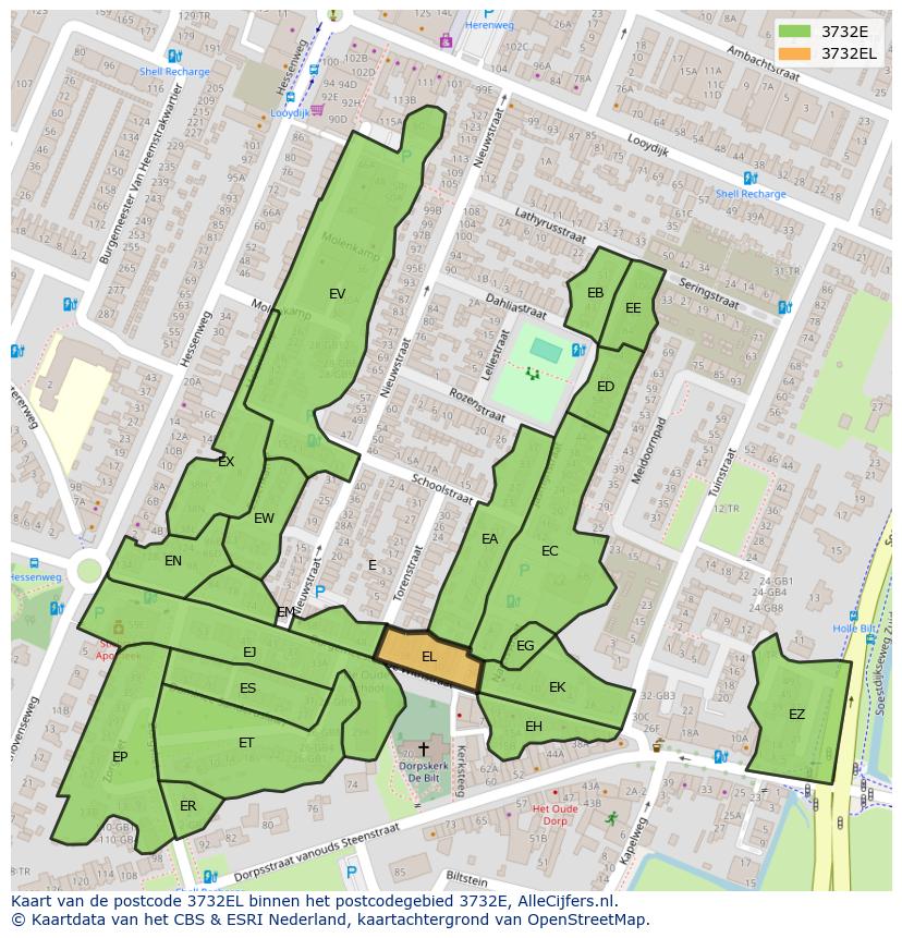 Afbeelding van het postcodegebied 3732 EL op de kaart.