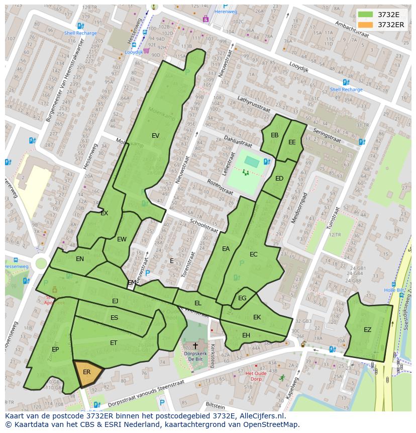 Afbeelding van het postcodegebied 3732 ER op de kaart.