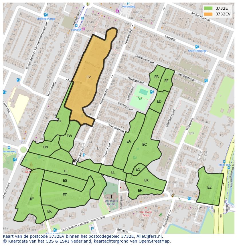 Afbeelding van het postcodegebied 3732 EV op de kaart.