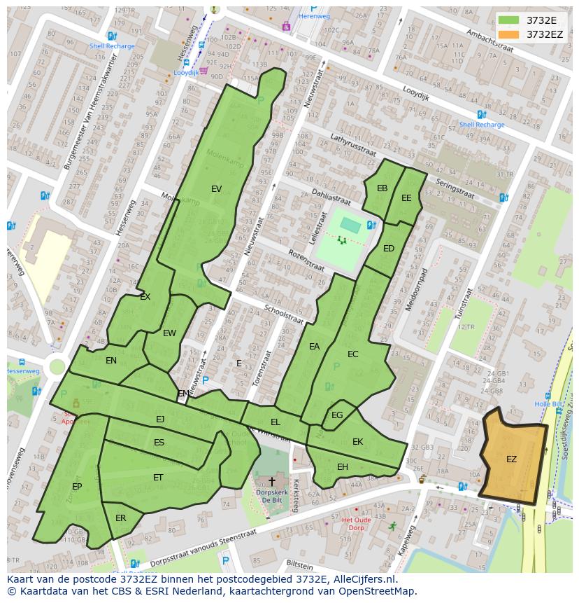 Afbeelding van het postcodegebied 3732 EZ op de kaart.