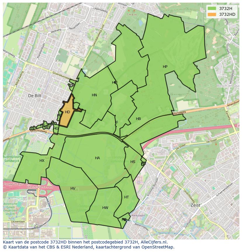 Afbeelding van het postcodegebied 3732 HD op de kaart.