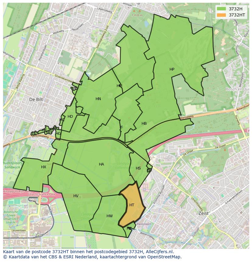 Afbeelding van het postcodegebied 3732 HT op de kaart.