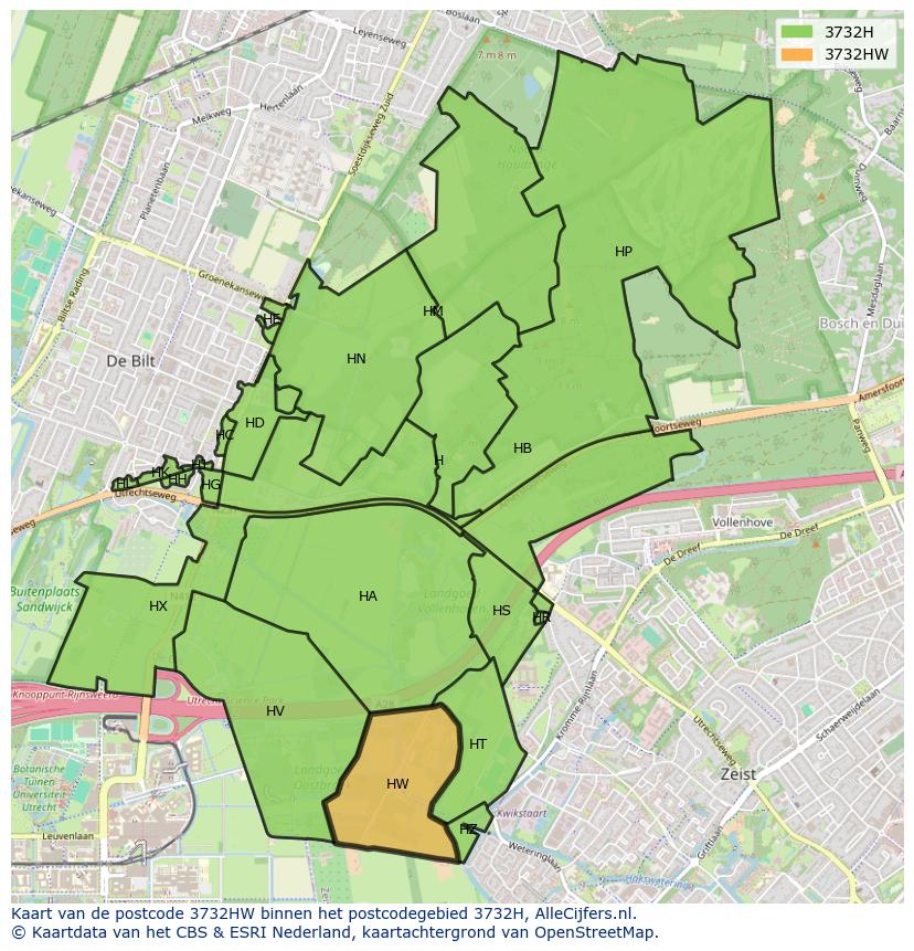 Afbeelding van het postcodegebied 3732 HW op de kaart.