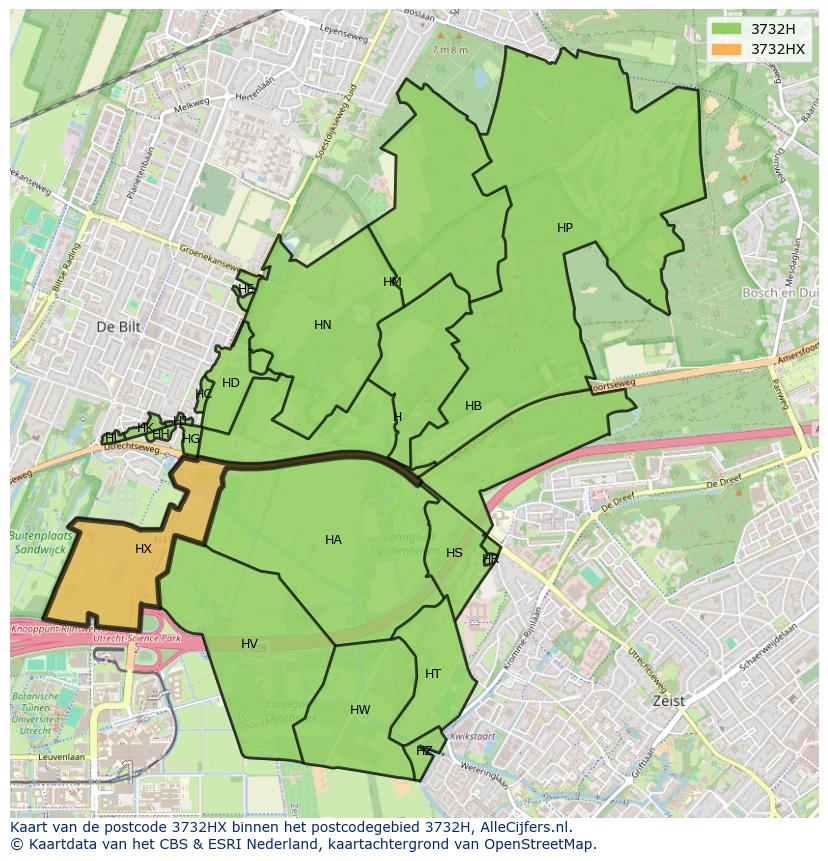 Afbeelding van het postcodegebied 3732 HX op de kaart.