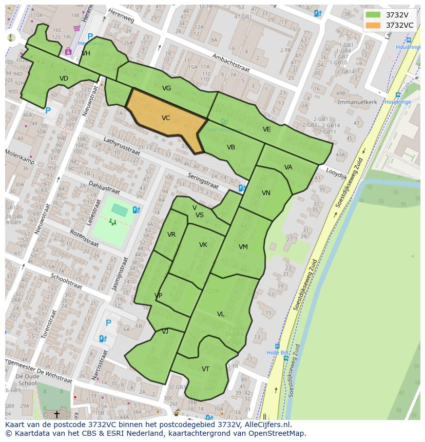 Afbeelding van het postcodegebied 3732 VC op de kaart.