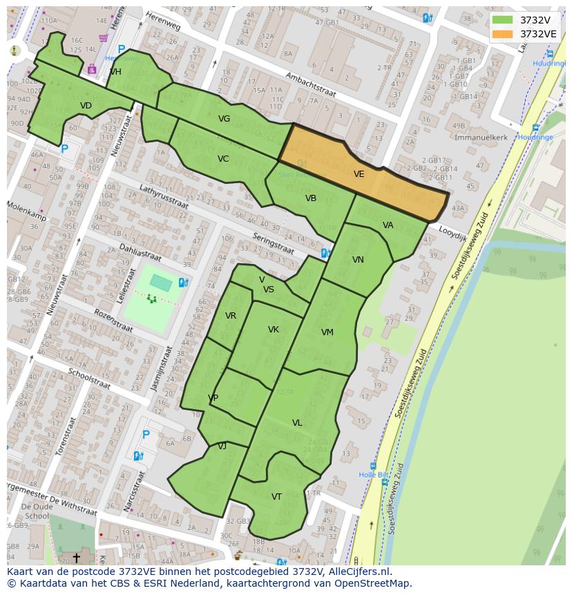Afbeelding van het postcodegebied 3732 VE op de kaart.