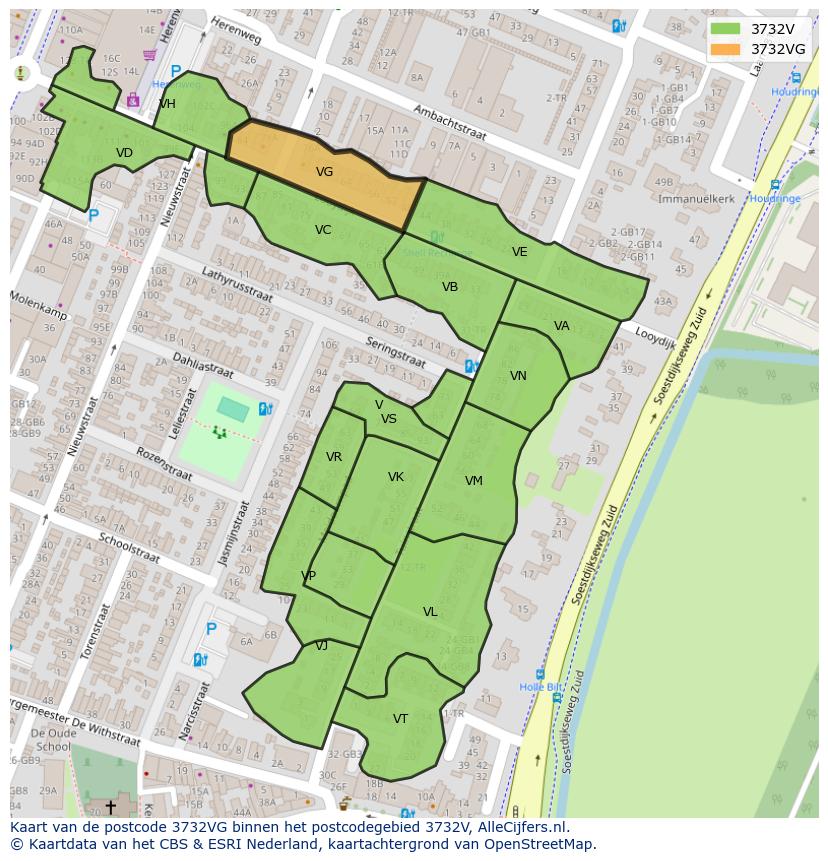 Afbeelding van het postcodegebied 3732 VG op de kaart.