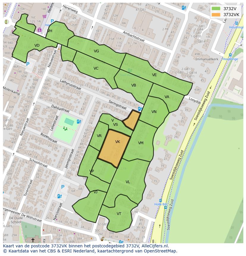 Afbeelding van het postcodegebied 3732 VK op de kaart.