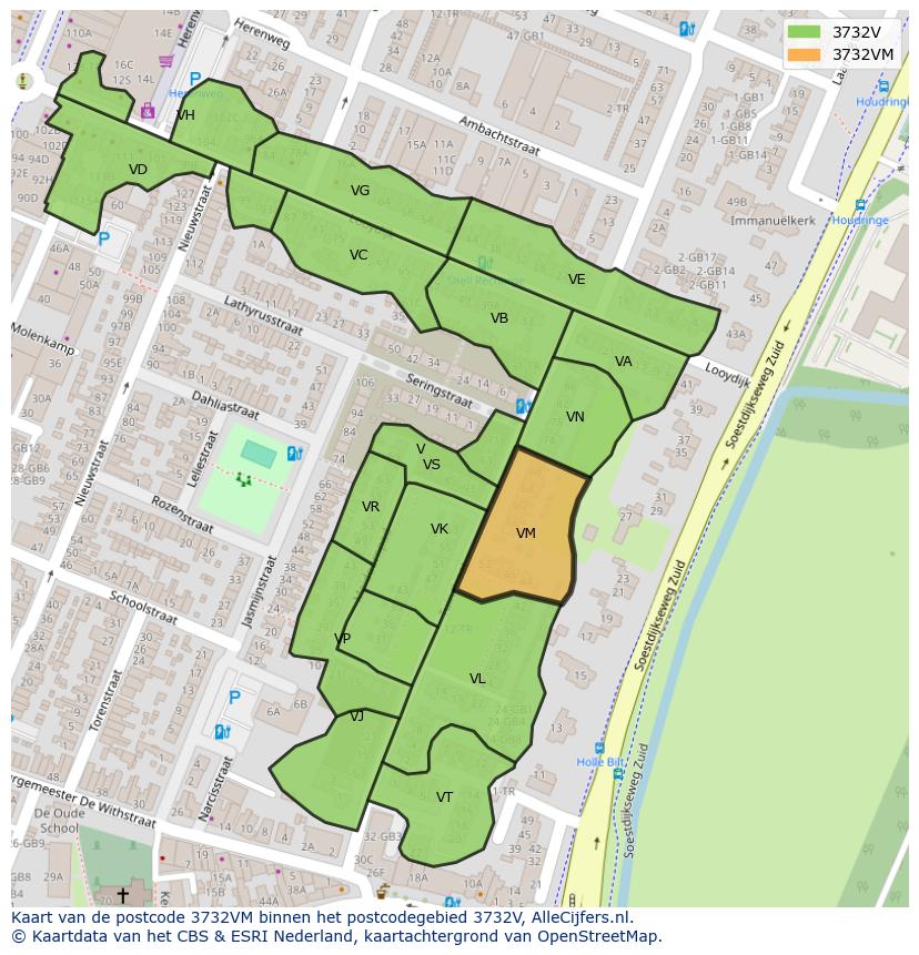 Afbeelding van het postcodegebied 3732 VM op de kaart.