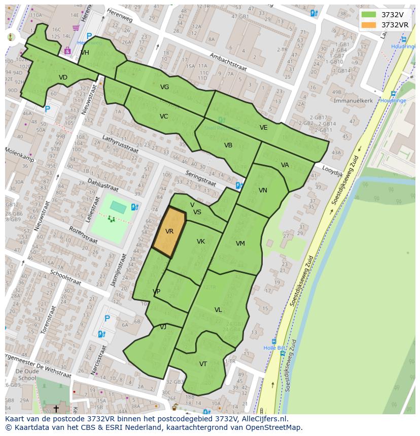 Afbeelding van het postcodegebied 3732 VR op de kaart.