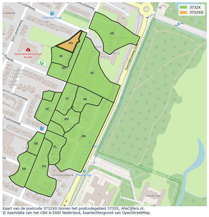 Afbeelding van het postcodegebied 3732 XG op de kaart.