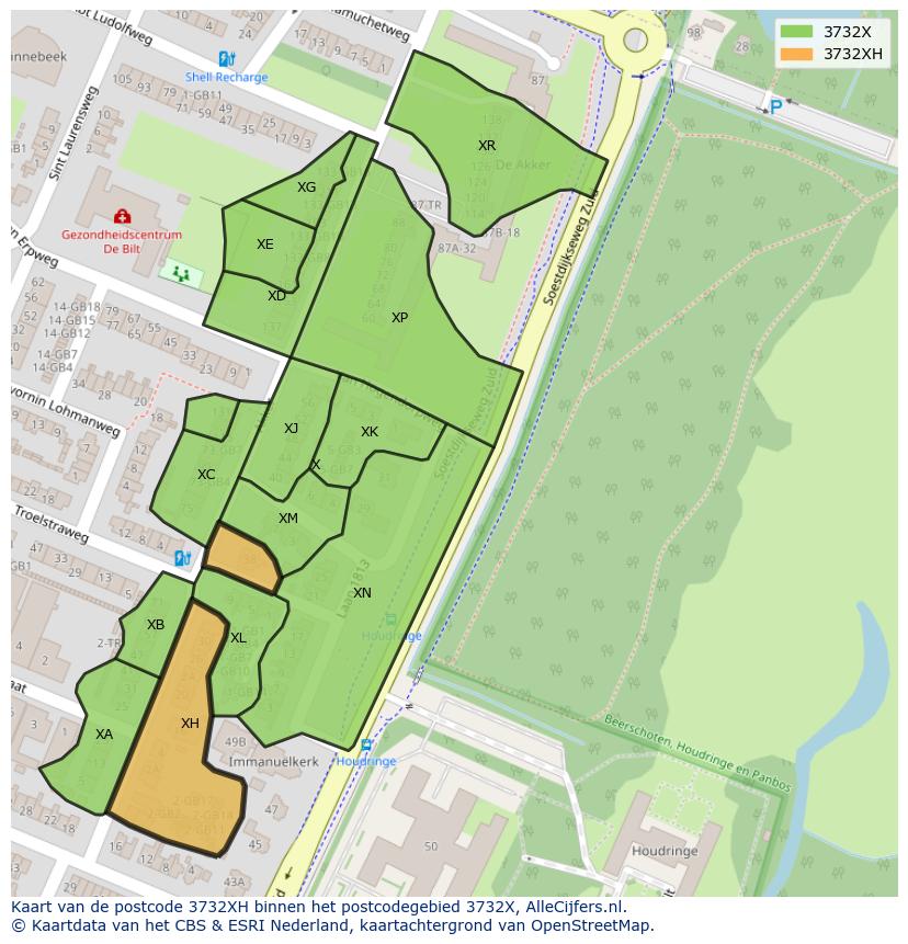 Afbeelding van het postcodegebied 3732 XH op de kaart.
