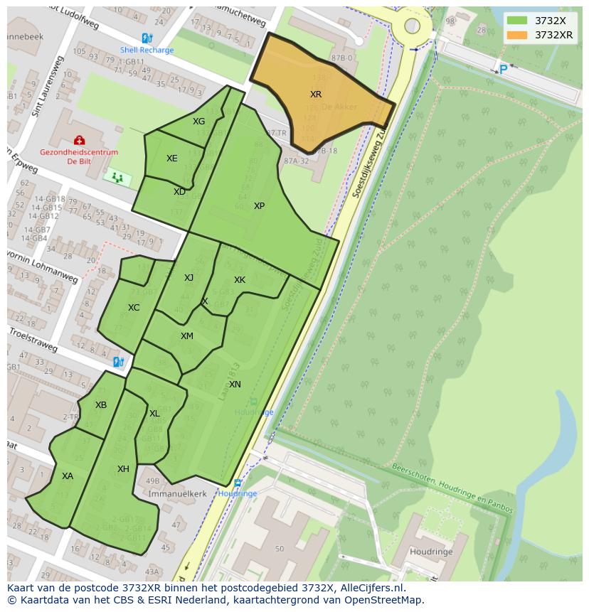 Afbeelding van het postcodegebied 3732 XR op de kaart.