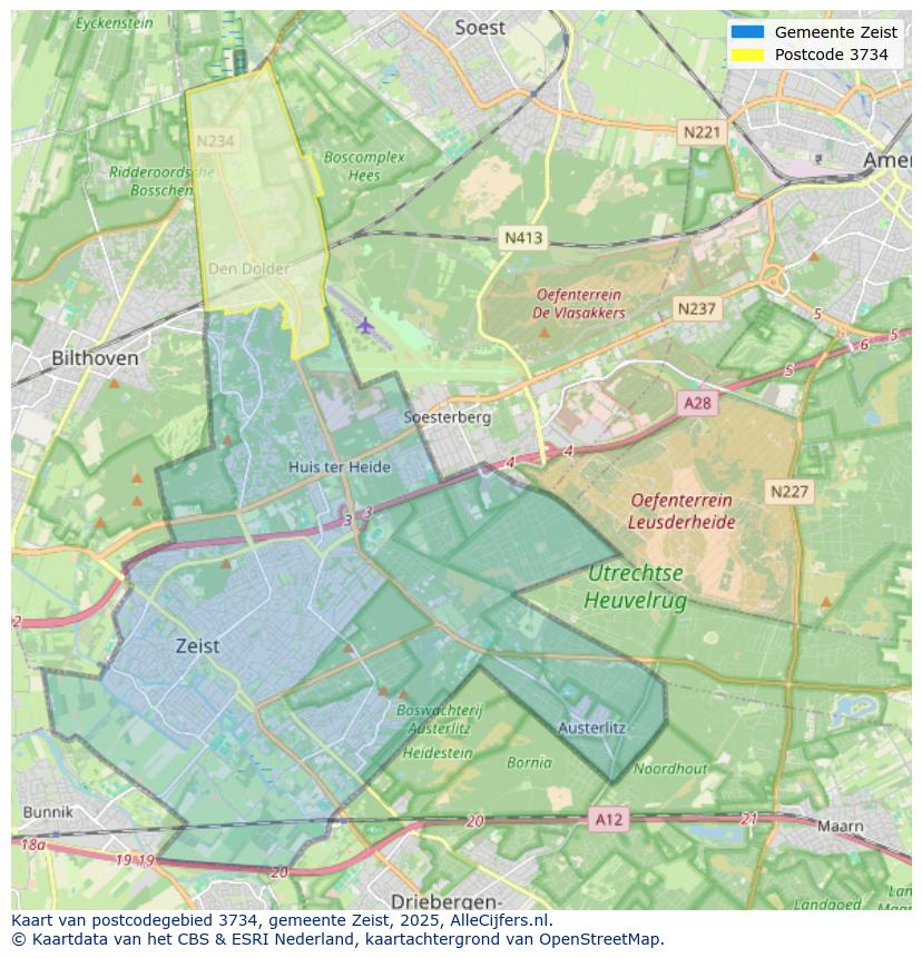 Afbeelding van het postcodegebied 3734 op de kaart.