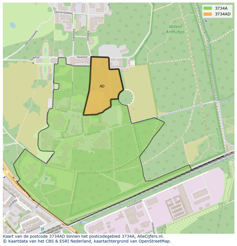 Afbeelding van het postcodegebied 3734 AD op de kaart.