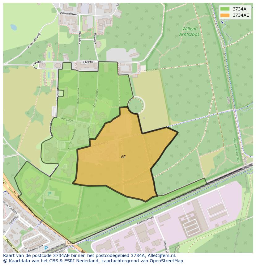 Afbeelding van het postcodegebied 3734 AE op de kaart.
