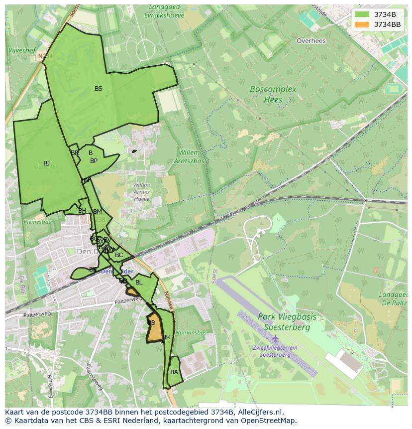 Afbeelding van het postcodegebied 3734 BB op de kaart.