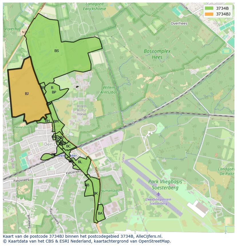Afbeelding van het postcodegebied 3734 BJ op de kaart.