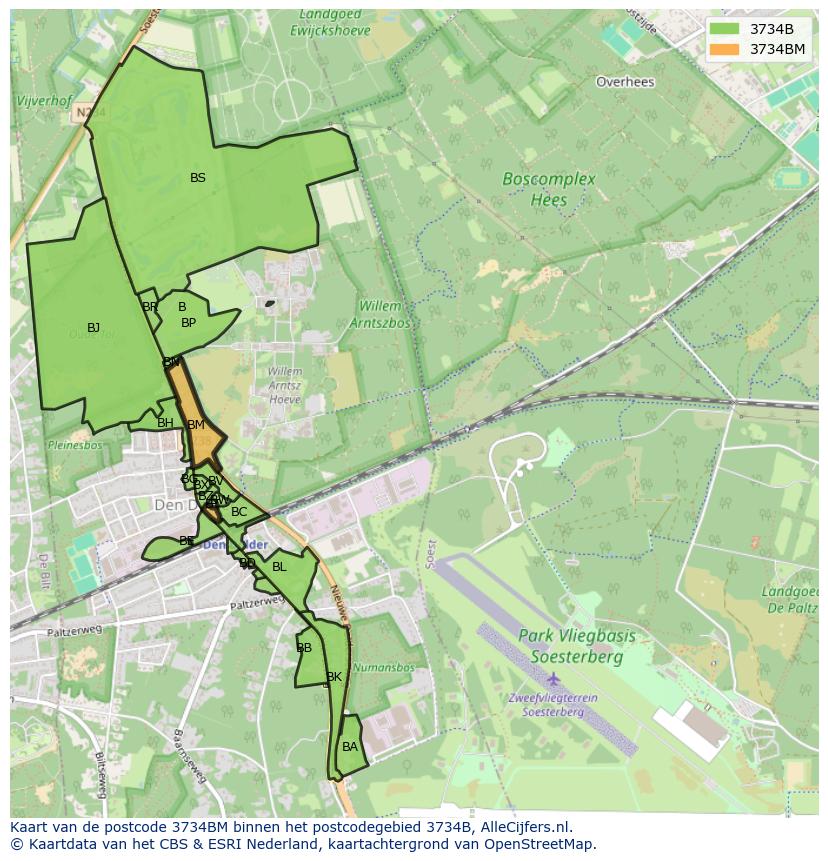 Afbeelding van het postcodegebied 3734 BM op de kaart.