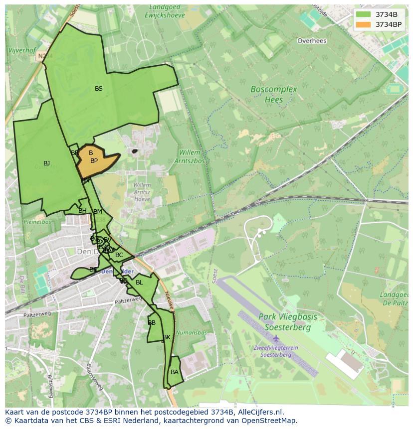 Afbeelding van het postcodegebied 3734 BP op de kaart.
