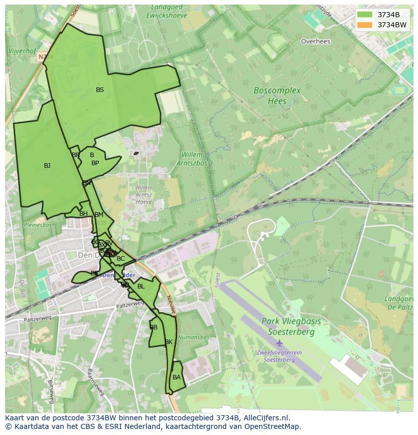 Afbeelding van het postcodegebied 3734 BW op de kaart.