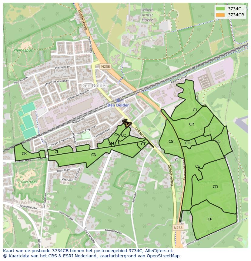 Afbeelding van het postcodegebied 3734 CB op de kaart.