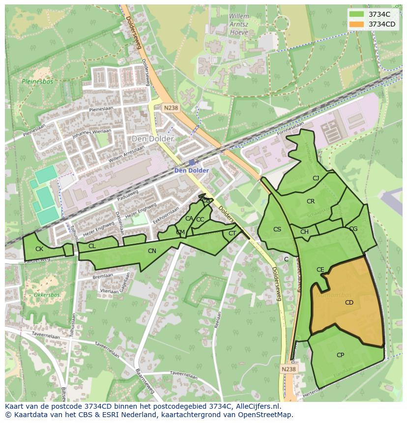 Afbeelding van het postcodegebied 3734 CD op de kaart.