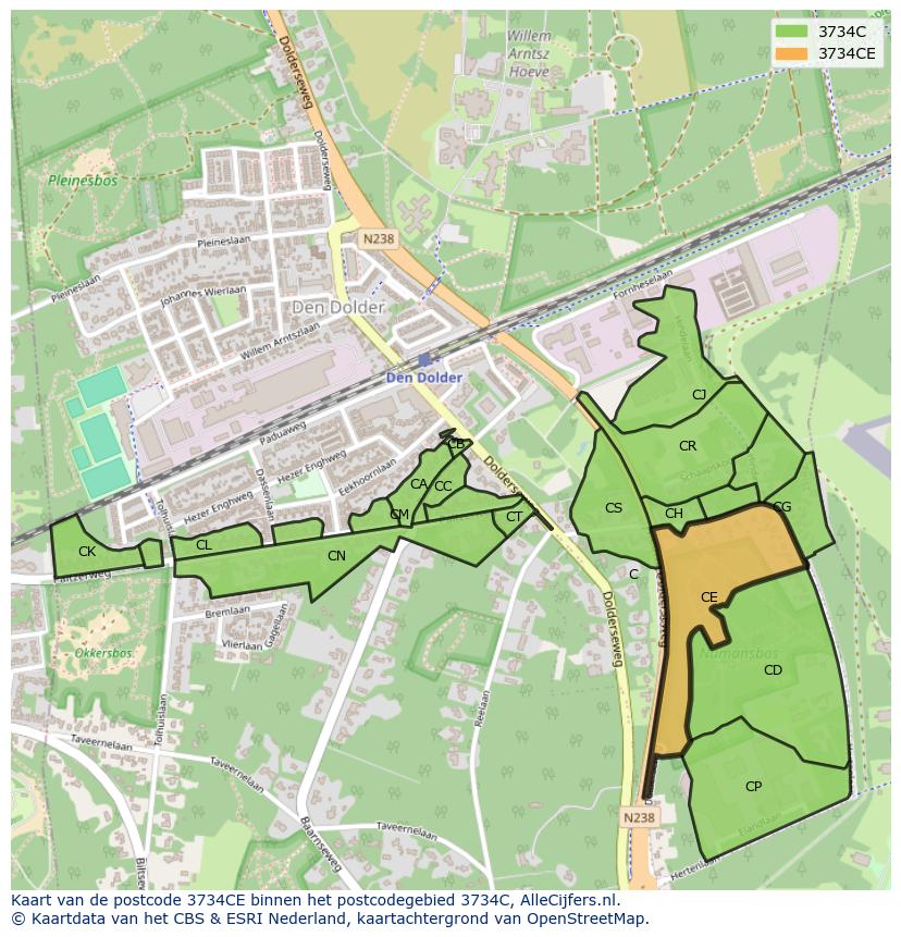 Afbeelding van het postcodegebied 3734 CE op de kaart.