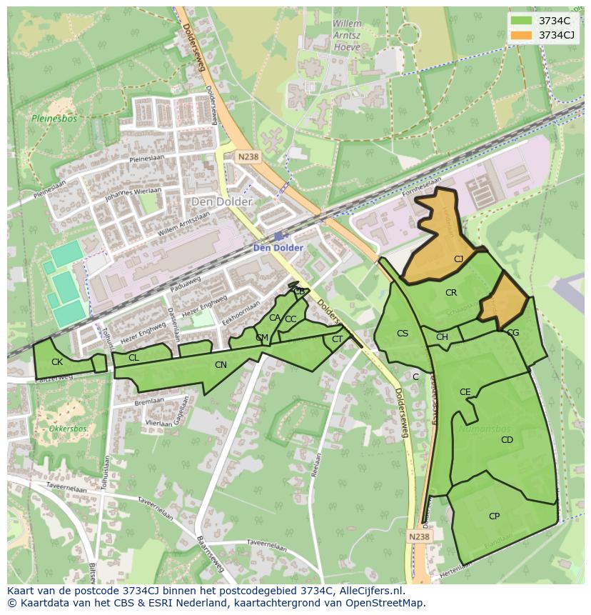 Afbeelding van het postcodegebied 3734 CJ op de kaart.
