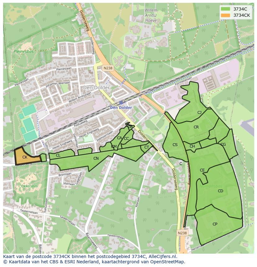 Afbeelding van het postcodegebied 3734 CK op de kaart.