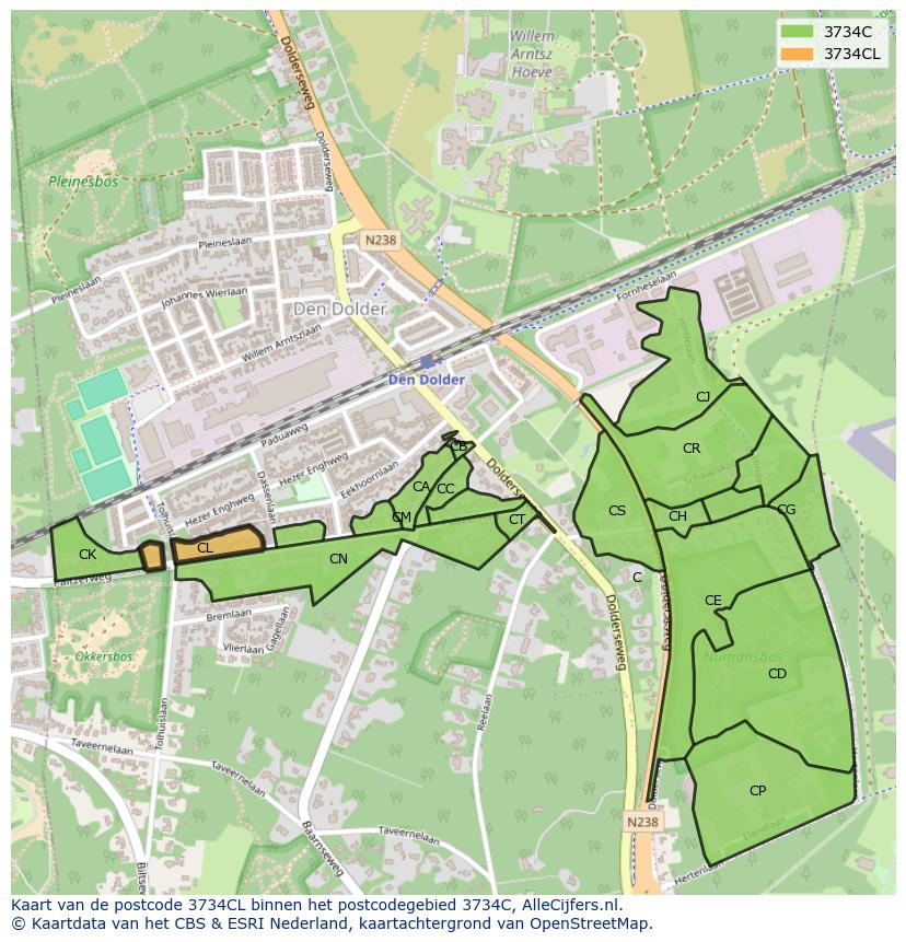 Afbeelding van het postcodegebied 3734 CL op de kaart.