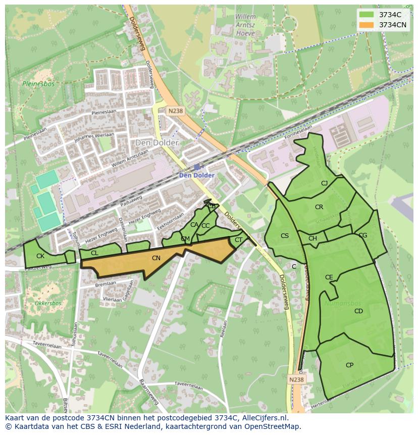 Afbeelding van het postcodegebied 3734 CN op de kaart.