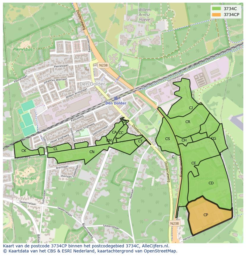 Afbeelding van het postcodegebied 3734 CP op de kaart.