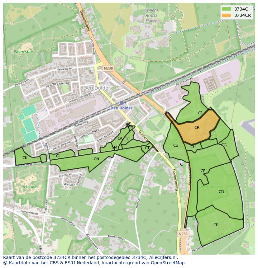 Afbeelding van het postcodegebied 3734 CR op de kaart.