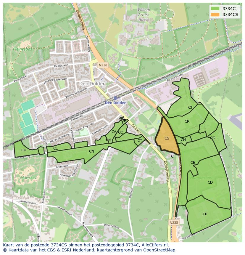 Afbeelding van het postcodegebied 3734 CS op de kaart.
