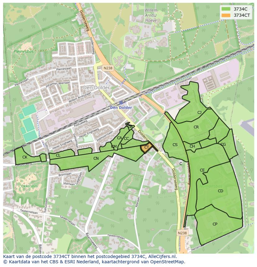Afbeelding van het postcodegebied 3734 CT op de kaart.